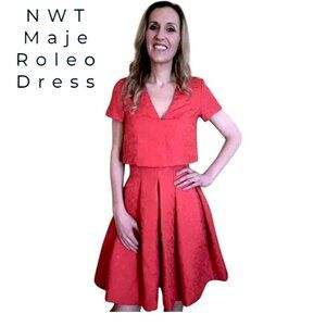 NWT Maje Roleo Pleated Metallic Jacquard Dress Red Size 1